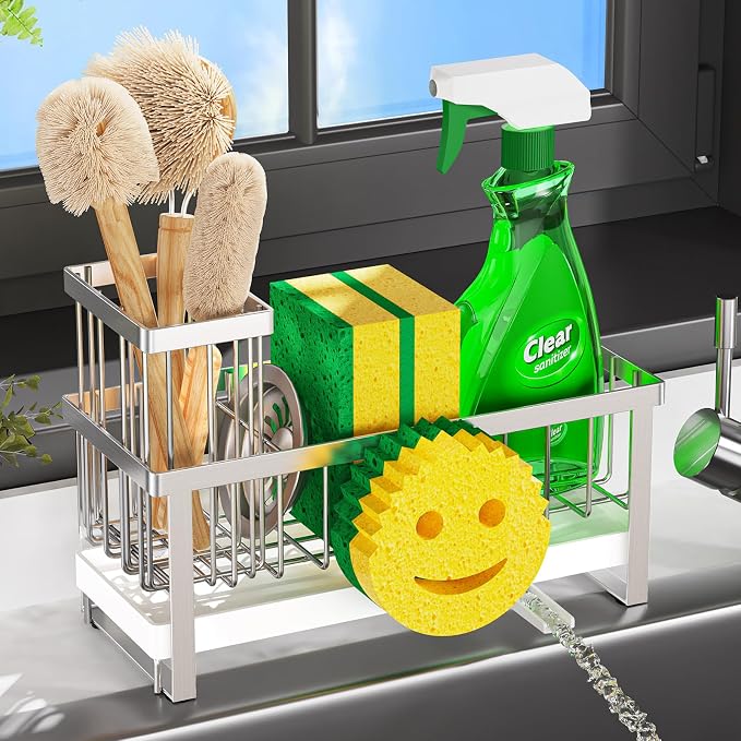 Sponge Holder for Kitchen Sink,Sink Caddy with Removable Dish Brush Holder,Self-Draining Kitchen Countertop Organizers and Storage Essentials,Soap Dispenser Organize and Home Decor-Silver by Taugast