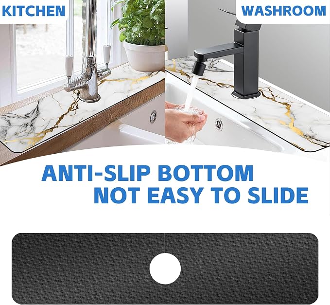 Faucet Mat for Kitchen Sink White Gold Marble Texture Sink Splash Guard Behind Faucet Soft Diatom Mud Material Non-slip Easy to Clean for Bathroom & Kitchen 24"X5.5" - Image 7