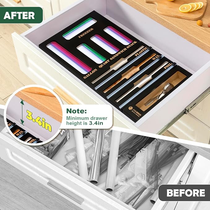 Calmbee 9 in 1 Bamboo Storage Bag Organizer for Kitchen Drawer – Plastic Wrap Dispenser with Cutter & Foil Organizer, Wooden Baggie Organizer for Sandwich, Snack, Gallon, Quart Sizes, Black - Image 4