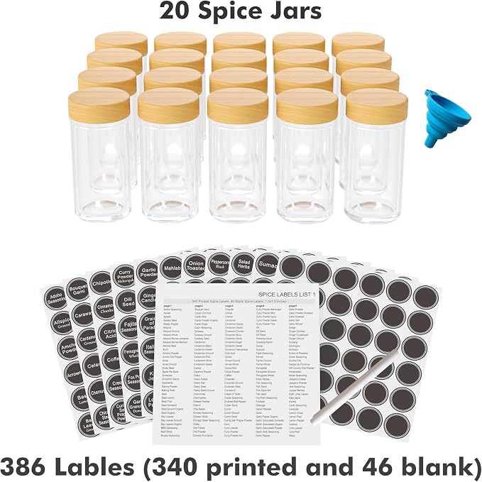 Revolving Spice Rack Set with 20 Spice Jars, Kitchen Spice Tower Organizer for Countertop or Cabinet - Carousel Storage Includes 386 Spice Labels (Bamboo) - Image 5