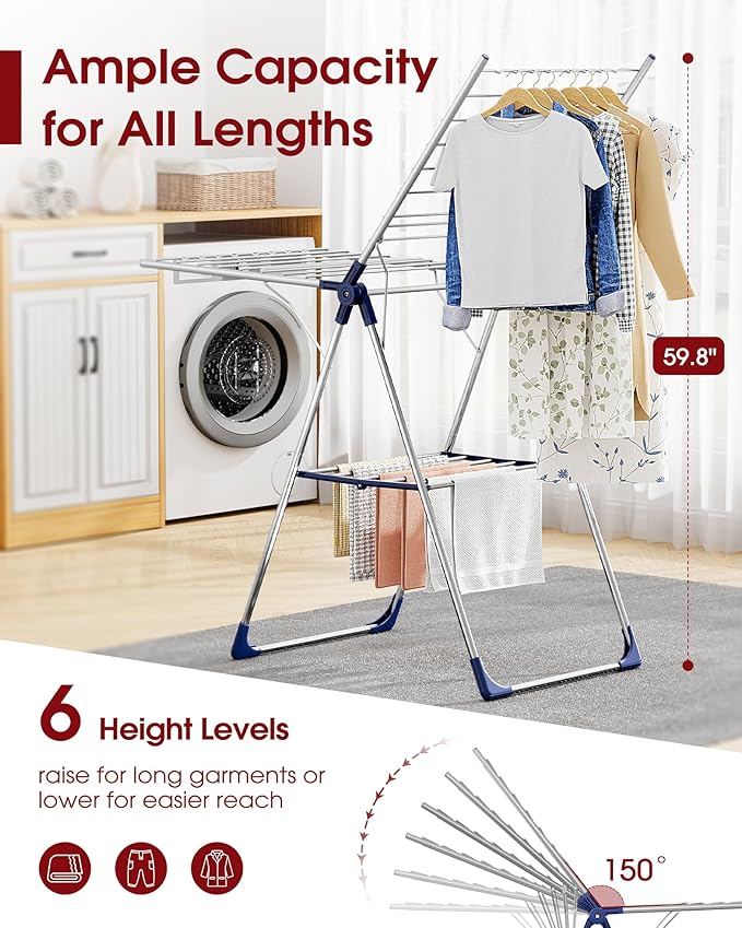 Sakugi Clothes Drying Rack, 55.5" Adjustable Wings, Foldable Design | Laundry Room, Bedroom, Outdoor & Indoor Use, Height Adjustable, Collapsible, Silver Blue, 55.5" L × 22.8" W - Image 2