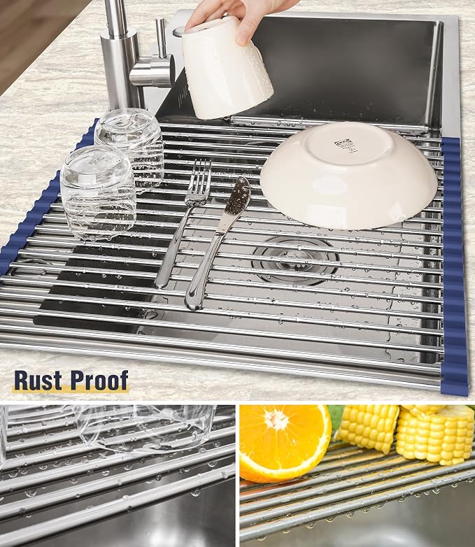 Tomorotec Roll Up Dish Drying Rack Over Sink, 304 Steel, 17.7x15.5, Indigo | Anti-Slip Silicone Rims For Grip, Heat-Resistant Trivet Mat Holding Heavy Cookware, Rustproof Kitchen Counter Space Saver - Image 2