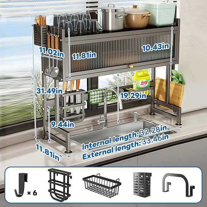 Hdrriozu Over the Sink Dish Drainer Drying Rack 3 Tier with Cover | Rust resistant built to last. Easy install simple tools. Holds all dishes glasses bowls. Space saving over sink tidy kitchen. - Image 6