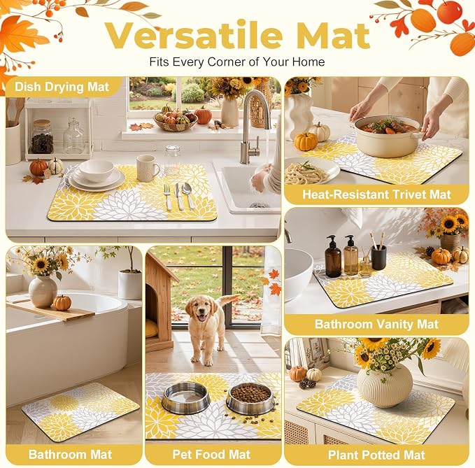 Findosom Fall Dish Drying Mat, 12" x 20" Super Absorbent Dish Mat with Floral, Hide Stain Drying Mat for Kitchen Counter, Under Dish Rack, Coffee Maker, Espresso Machine, Yellow - Image 8
