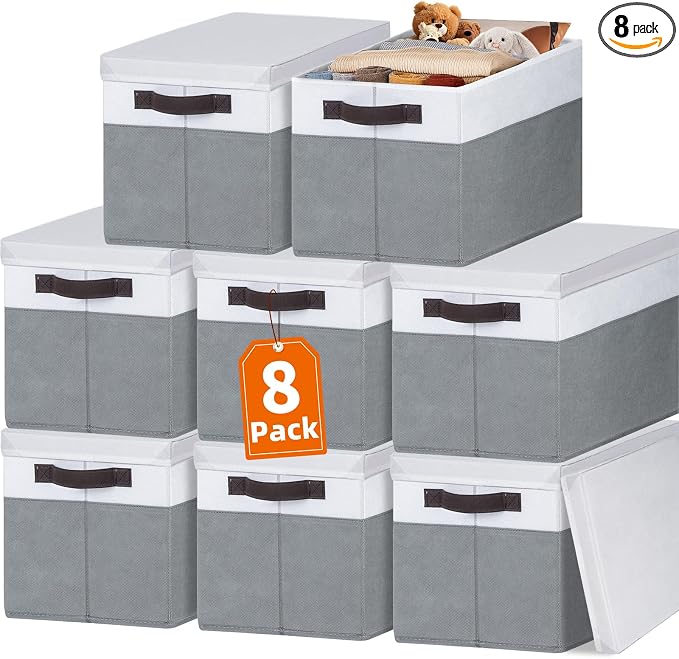 8 Pack Closet Storage Bins with Lids - Stackable Storage Baskets for Organizing Clothes Toys Blankets - Odorless for Baby Nursery Organization and Storage Boxes Totes for Bedroom Dorm Room by Criusia