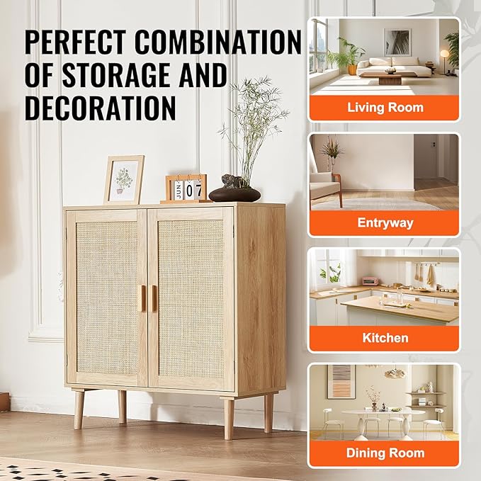 VEVOR Sideboard Cabinet, Buffet Cabinet with 2 Magnetic Doors and Adjustable Shelves, Sideboard Buffet for Hallway, Entryway, Living Room, or Kitchen, Natural - Image 8