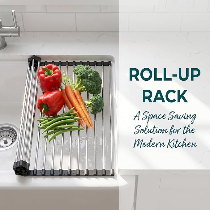 Roll Up Dish Drying Rack for Over Sink - 17.5"x15.7" Foldable Stainless Steel Kitchen Drainer, Black - Image 3