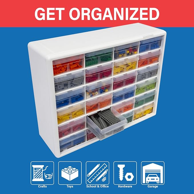 Akro-Mils 24-Drawer Plastic Storage Cabinet, 20" W x 6" D x 16" H, White | Plastic Cabinet w/ Drawers for Garage Organization, Beads, Building Bricks Storage, Teacher Toolbox, Makeup Organizer, 10124 - Image 4