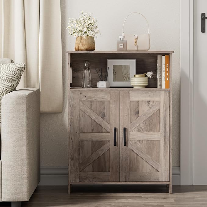 Homhedy Farmhouse Bathroom Storage Cabinet with Doors, Small Floor Cabinet | Toilet Paper Cabinet with Adjustable Shelf, Freestanding Storage Cabinet for Kitchen/Laundry/Living Room, 24"W, Greige - Image 9