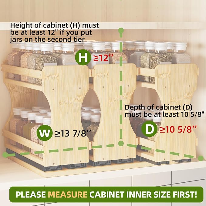 BAMEOS Pull Out Spice Rack Organizer for Cabinet, Bamboo Wide 13.9" Slide Out Seasoning Organizer for Kitchen, No Drill Anti-Tip Ball Bearing Silent Glides, Pantry Cabinet Organizer,Natural - Image 4