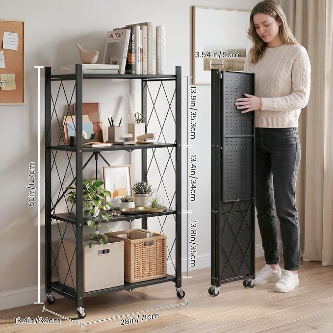 DEANIC 4 Tier Foldable Storage Shelves with Wheels, No Assembly Organizer Rack for Garage Kitchen, Basement, Pantry,Perfect for Craft Shows & Vendor Events(Black) - Image 3
