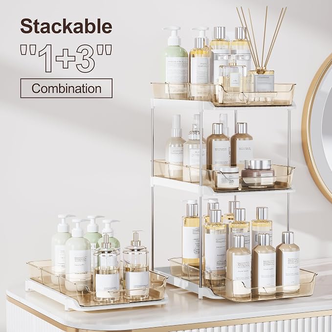 Delamu 2-Tier Multi-Purpose Bathroom Under Sink Organizers and Storage, Stackable Kitchen Pantry Organization, Pull Out Medicine Cabinet Organizer with Movable Dividers, Amber, 4 Pack - Image 3