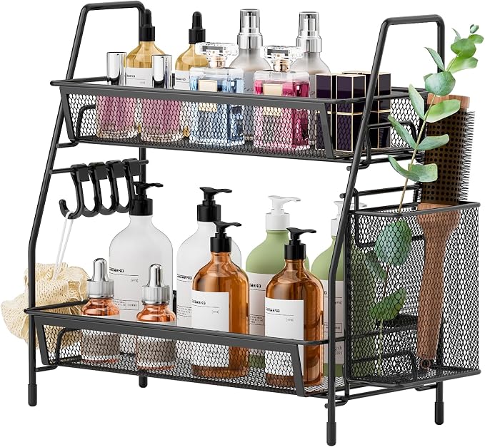 2 Tier Bathroom Countertop Organizer, Vanity Storage Shelf, Small, Black | Bathroom Counter Organizer, Vanity Makeup Tray Shelf, Kitchen Spice Rack, Metal Wire Mesh, with Basket Hooks by VITVITI