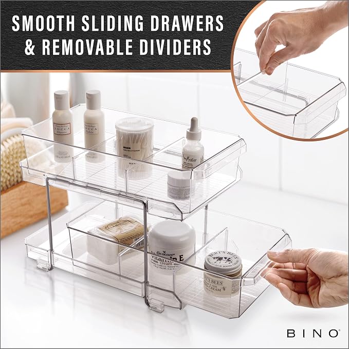 BINO 2 Tier Clear Storage Organizer with Dividers | Slide Out Drawer for Under Sink or Medicine Cabinet | Bathroom Closet, Vanity, Pantry Organizer | Under Cabinet Storage for Bathroom and Kitchen - Image 5