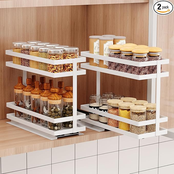 Mustorn 2 Pack Pull Out Spice Rack Organizer for Cabinet, 2 Tier Metal Slide Out Seasoning Organizer and Storage Heavy Duty Vertical Spice Rack Shelf Pullout for Kitchen Cabinets No Drilling (White) by MUSTORN
