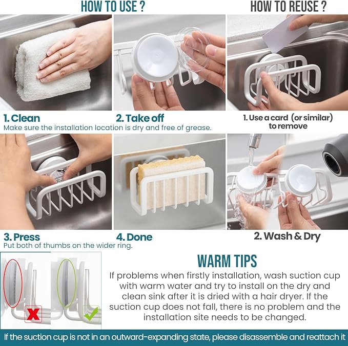TAILI Rustproof Sponge Holder for Kitchen Sink with Suction Cup-White | Rustproof Aluminum Sink Caddy for Sponges, Brushes, Stoppers & Scrapers,Removable Ventilated Quick-dry Design, Holds Up 11lbs - Image 6