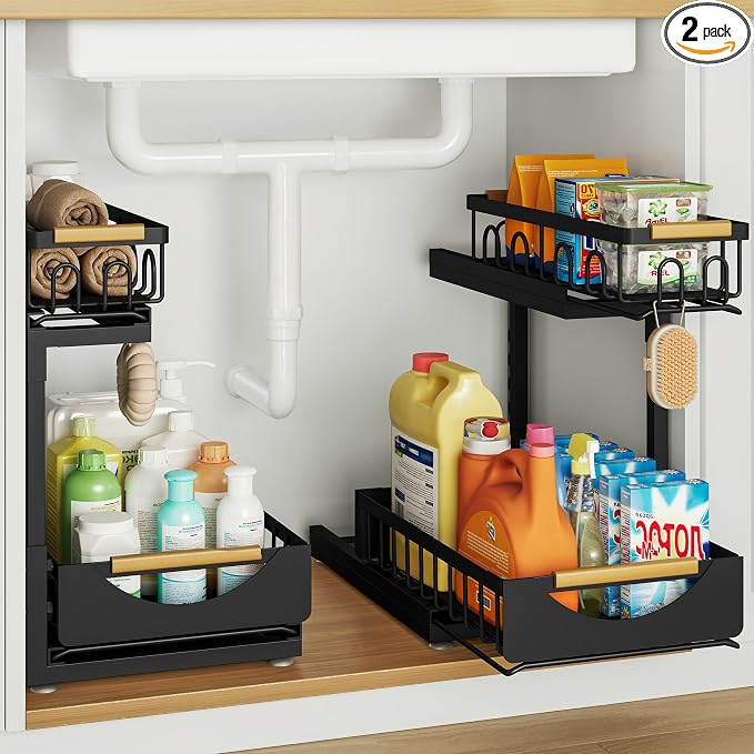 Under Sink Organizer and Storage for Bathroom and Kitchen - 2 Pack 2 Tier | Cabinet Pull Out Shelf Organizers - Slide Out Drawer Organization for Home Cabinets Shelves and Drawers by Aekenr