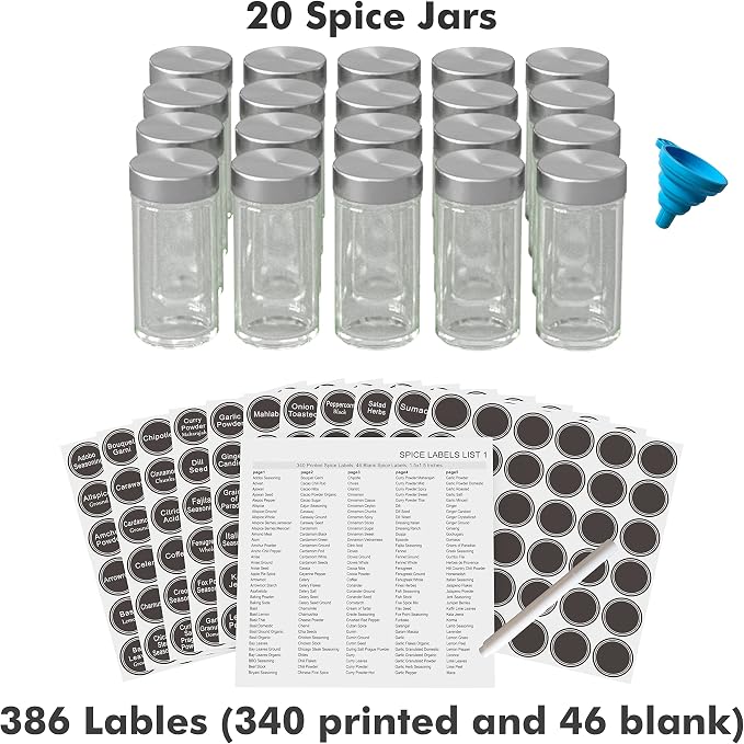 Revolving Spice Rack Set with 20 Spice Jars, Kitchen Spice Tower Organizer for Countertop or Cabinet - Carousel Storage Includes 386 Spice Labels (Silver) - Image 5