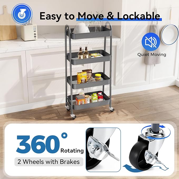 NEWBULIG 4-Shelf Metal Rolling Storage Utility Cart with Lockable Wheels | Mobile Organizer Shelf, Space-Saving, Freestanding, Bathroom, Living Room, Slim, Narrow Corner Spaces, Grey - Image 3