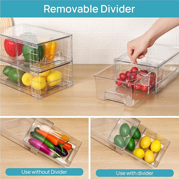 Vtopmart 2 Pack Stackable Clear Drawer with Dividers | Clear Drawer Organizers with Removable Dividers for Flexible storage. Stackable, Non-slip, for Fridge, Under Sink & Bthroom - Image 5
