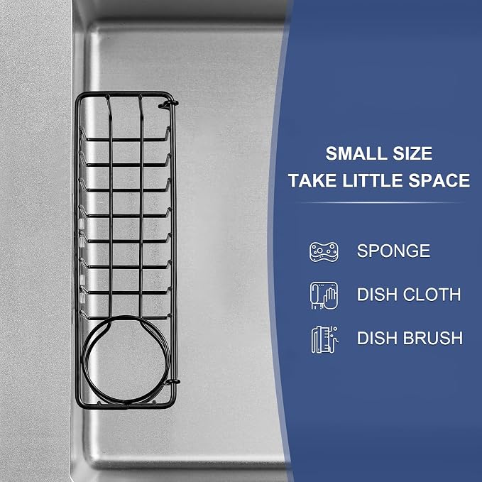 3-In-1 Sponge Holder for Kitchen Sink, 2 Type Suspension Options (Suction Cups & Adhesive Hook), Hanging Sink Caddy Organizer Rack - Sponge, Dish Cloth, Brush, Scrubber, 304 Stainless Steel - Black - Image 5