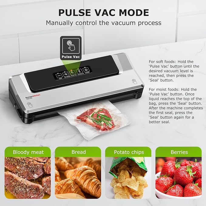 Bonsenkitchen Vacuum Sealer Machine, Multiple Modes For Meal Prep,Silver | Compact Vacuum Sealer for Kitchen Storage & Sous-Vide,External Vacuum System,6x Longer Freshness,5 Vacuum Bags - Image 5