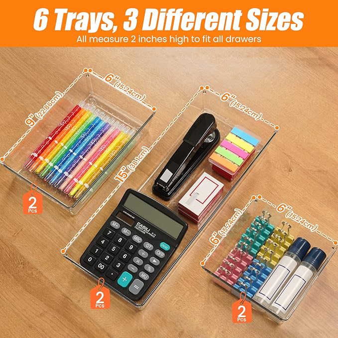 6 Pcs Large Size Clear Drawer Organizer Set, Acrylic Non Slip Non Cracking Kitchen Drawer Storage Tray Divider, Multifunctional Storage for Cosmetics, Bathroom, Tools, Kitchen and Office - Image 2