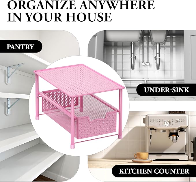 Simple Houseware Stackable Under Sink Sliding Basket Drawer, Pink | Perforated Free Standing Organizer, Kitchen/Pantry/Cabinet/Counter - Image 8