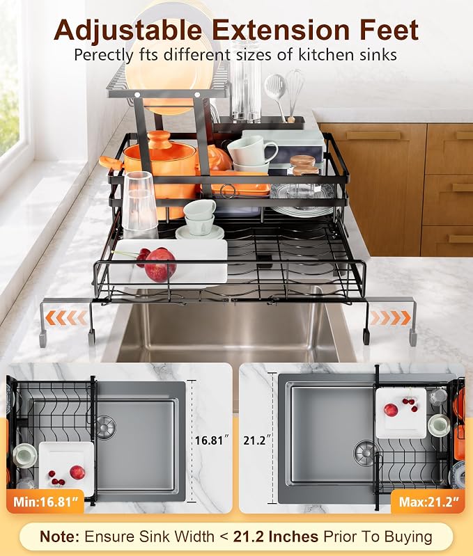 Hanyi 2-Tier Expandable Dish Drying Rack for Counter and Over Sink | Large-capacity rack with foldable upper tier, 15.7-26.4 in over-sink extension, automatic drainage and rust-resistant frame - Image 6