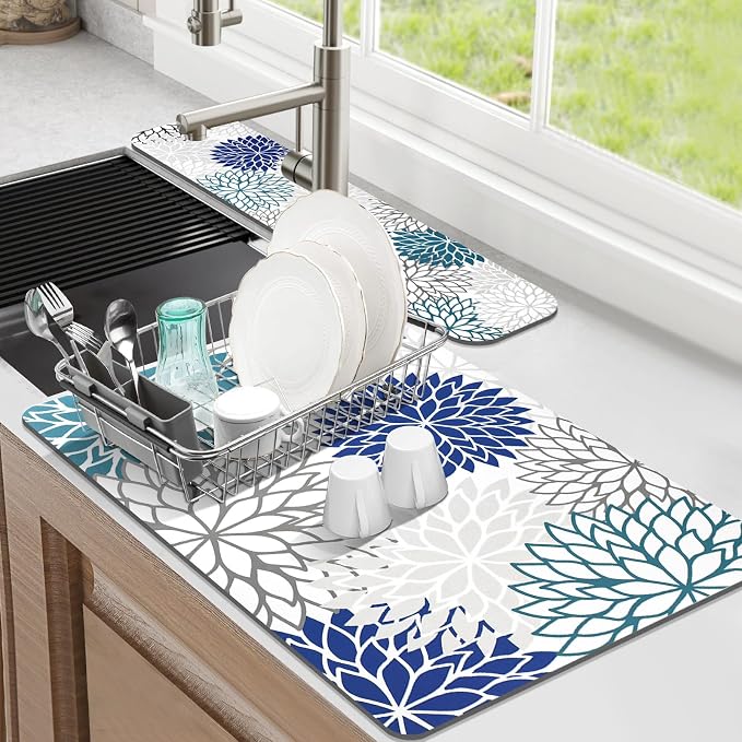 Findosom 2PCS 12" x 20" Dish Drying Mat & 24" x 5.5" Sink Splash Guard, Super Absorbent & Cuttable Dish Mat Drying Kitchen Mat with Blue Floral, Hide Stain Drying Mat for Kitchen Counter by Findosom