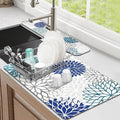 Findosom 2PCS 16" x 24" Dish Drying Mat & 24" x 5.5" Sink Splash Guard, Super Absorbent & Cuttable Dish Mat Drying Kitchen Mat with Blue Floral, Hide Stain Drying Mat for Kitchen Counter by Findosom