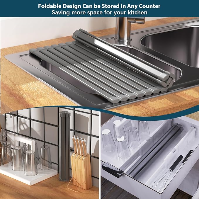 KABUM 17.72x11.81 Heavy-Duty Aluminum Alloy Roll Up Dish Drying Rack | Food-Safe Coating with Anti-Skid Silicone, Extra Wide Thickened Sink Drying Rack for Kitchen Counter, Space-Saving Organizer - Image 7