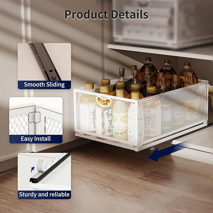 2 Pack Pull Out Cabinet Organizer, No Drill Adhesive Sliding Drawers for Kitchen, Metal Mesh Wire Storage Shelf for Pantry & Under Sink, White (9.6" W x 15.7" D x 3.9" H) - Image 5