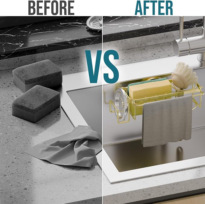 TAILI 4-in-1 Sponge Holder for Kitchen Sink with Strong Suction Cup-Gold | Removable Rustproof 304 Stainless Steel Multi-compartment Sponge Holder with Suction Cup, Keeps Brushes & Scrubbers Tidy - Image 5