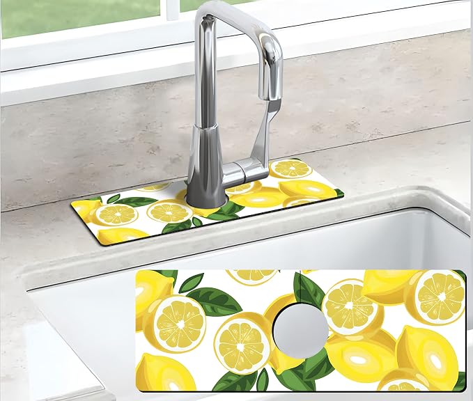 Kitchen Sink Splash Guard Faucet Mat Super Absorbent Fast Drying Mat Sink Gadgets Splash Guard Behind Faucet Drip Catcher for Kitchen (Lemon-1, 15x5.5in) - Image 6