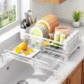 SAYZH Expandable Dish Drying Rack for Kitchen Counter, Metal, White | Foldable Over Sink, Large Capacity, Rust-Resistant, Adjustable for Most Sinks, Automatic Drainage, Removable Utensil Holder by SAYZH