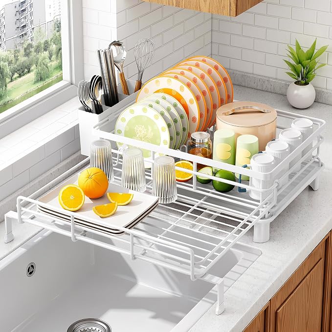 SAYZH Expandable Dish Drying Rack for Kitchen Counter, Metal, White | Foldable Over Sink, Large Capacity, Rust-Resistant, Adjustable for Most Sinks, Automatic Drainage, Removable Utensil Holder by SAYZH