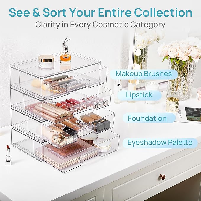 Vtopmart Clear Stackable Storage Drawers, 2 Pack Wide Plastic Organizers | Clear Pull-Out Plastic Drawers, Stackable Design for Makeup Palettes, Cosmetics, Beauty Supplies, Vanity, Cabinet and Desk - Image 4