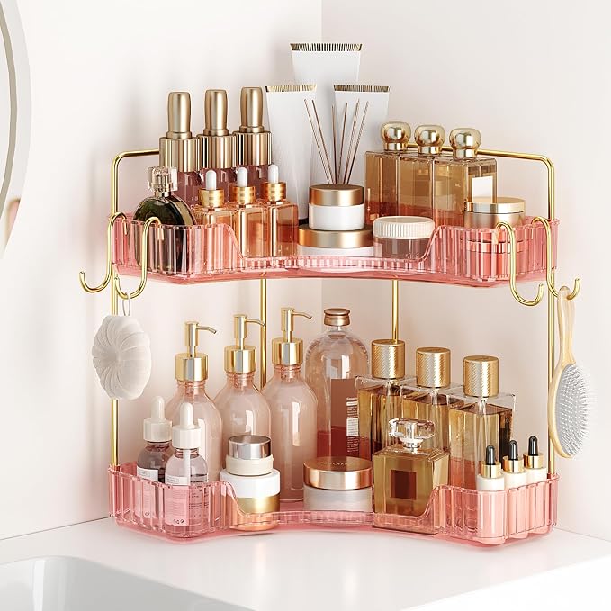 Delicate Pink 2-Tier Corner Counter Organizer Bathroom Organizers | Kitchen & Vanity Storage for PET Makeup Storage Countertop with Hooks, Skincare & Jewelry by Kinkota