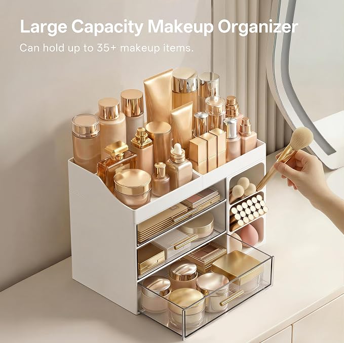 HBlife Makeup Organizer Countertop with Brush Holder, Large Bathroom Counter Organizer with Drawers, Skincare Organizers for Vanity, Plastic Dresser Organizer Storage Gift for Women Girl Mom, White - Image 2