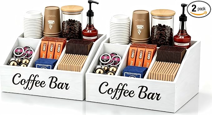 2 Pack Coffee Station Organizer for Countertop – Wooden Coffee Bar Organizer with Adjustable Dividers,Holds K Cup Pod & syrup bottles, for Kitchen, Office, or Bar and Tea Station, White by Unknown
