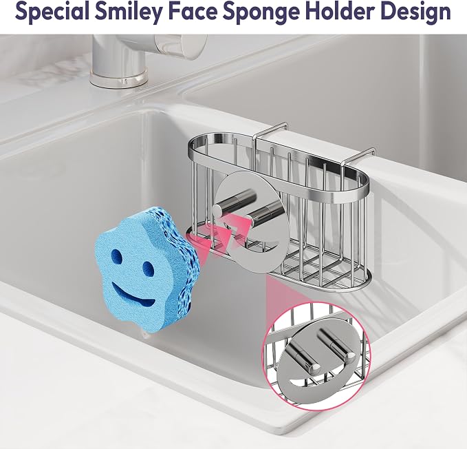 SWTYMIKI Sponge Holder for Kitchen Sink - Movable Sink Caddy with Smiley Face Sponge Holder, Rustproof Hanging Sponge Organizer in Double Bowl Sinks Depth>3.15in, Middle Divider<1.5in, Silver - Image 3