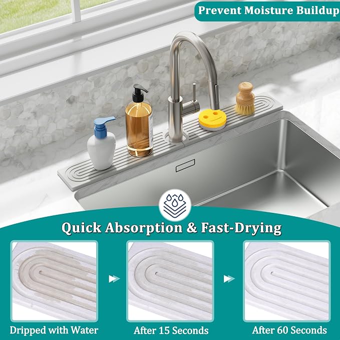 Stone Faucet Mat for Kitchen Sink - Quick Dry Diatomite Sink Splash Guard, Prevents Moisture Buildup & Water Stains, Water Absorbing Stone Tray for Bathroom Countertop (White, 20" x 4") - Image 4