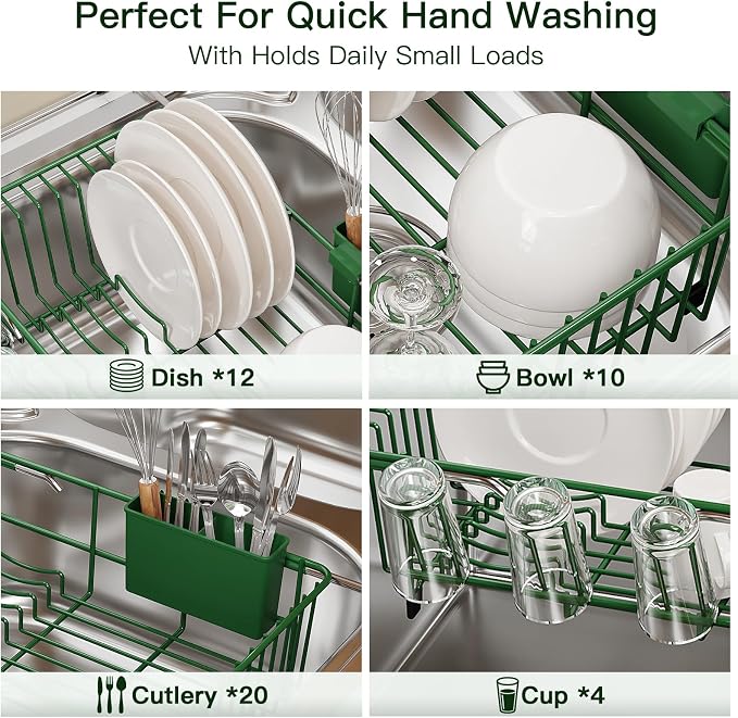 Grey Dish Drying Rack Over The Sink with Utensil Holder, Mat | Expandable Stainless Steel Dish Drainer for Small Kitchen, Apartment, RV, Counter Space Saving, Perfect Fit, Rustproof - Image 7