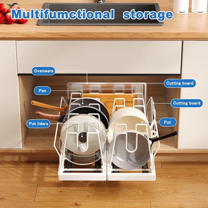 Mustorn 2 Pack Pots and Pans Organizer Under Cabinet, 21.6" Deep Pull Out Pot Lid Organizer Holder with Guardrail Adhesive Pot and Pan Holder Rack with 10 Adjustable Dividers(White) - Image 2