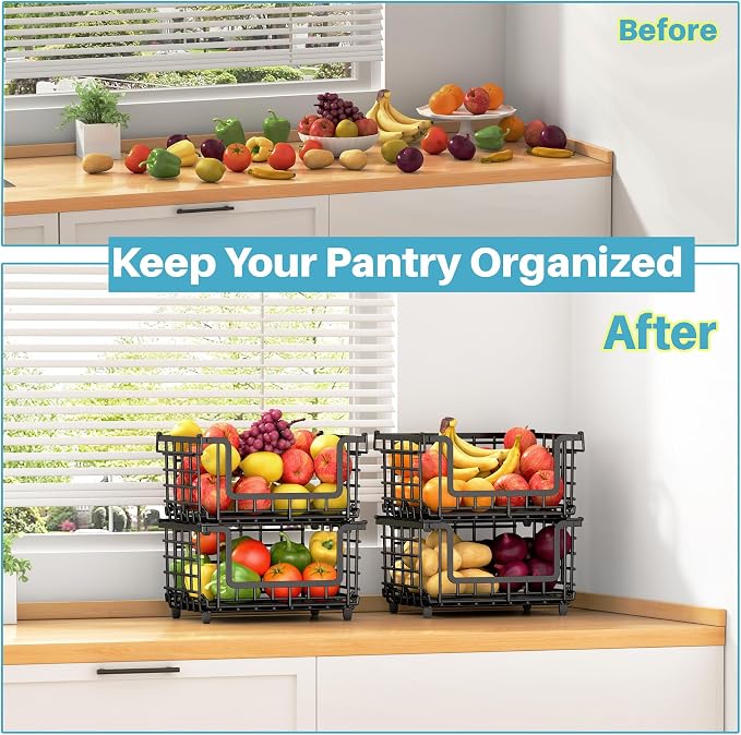 2 Pack Stackable Metal Wire Vegetable Fruit Basket for Kitchen Counter Cabinet, Pantry Organizers and Storage Basket, Food Can Snack Onion Potato Bread Storage Shelf Freezer Organizer Bins Containers - Image 4