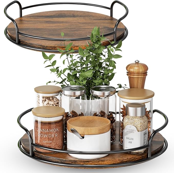 LAMU 2 Pack 9'' 11'' Lazy Susan Turntable Organizer for Table Top Cabinet, Wooden Lazy Susan for Kitchen, Pantry, Countertop, Bathroom Vanity, Spice Organization, Wood Decor by YourHome-OrganizationHelper