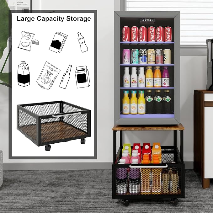 PUNCIA 19.7" x19.7" Mini Fridge Stand with Storage Fridge Cart, Retro | Mobile Beverage Refrigerator Stand, Compact Refrigerator Organizer with Drawer & Rolling Basket for Home Office - Image 6