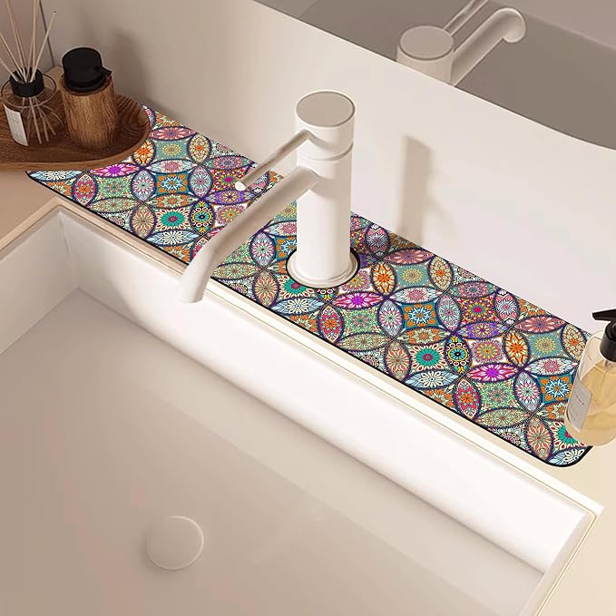 Kitchen Faucet Mat Islam Mandala Floral Flower Sink Splash Guard Behind Faucet Draining Mat Kitchen Accessories Non-slip Easy to Clean for Bathroom & Kitchen 24"X5.5" - Image 5