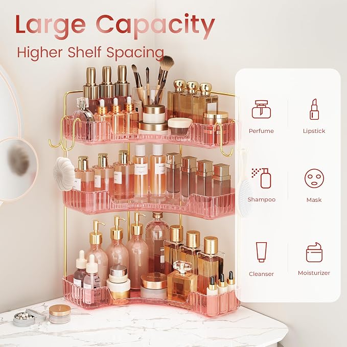 Corner Bathroom Counter Organizer 3-Tier Bathroom Organizer | Storage Countertop with Hooks Perfume Organizers Storage Shelf for Makeup & Skincare Dresser-Pink - Image 5